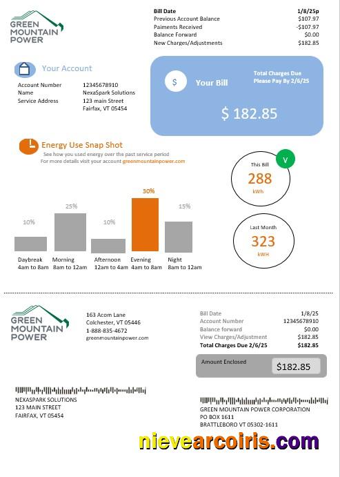 USA Vermont Green Mountain Power electricity business utility bill